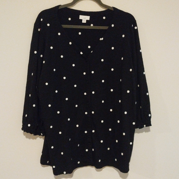 J. Jill Black & White Polka Dot 3/4 Sleeve Cotton Button Front Top - Picture 1 of 7